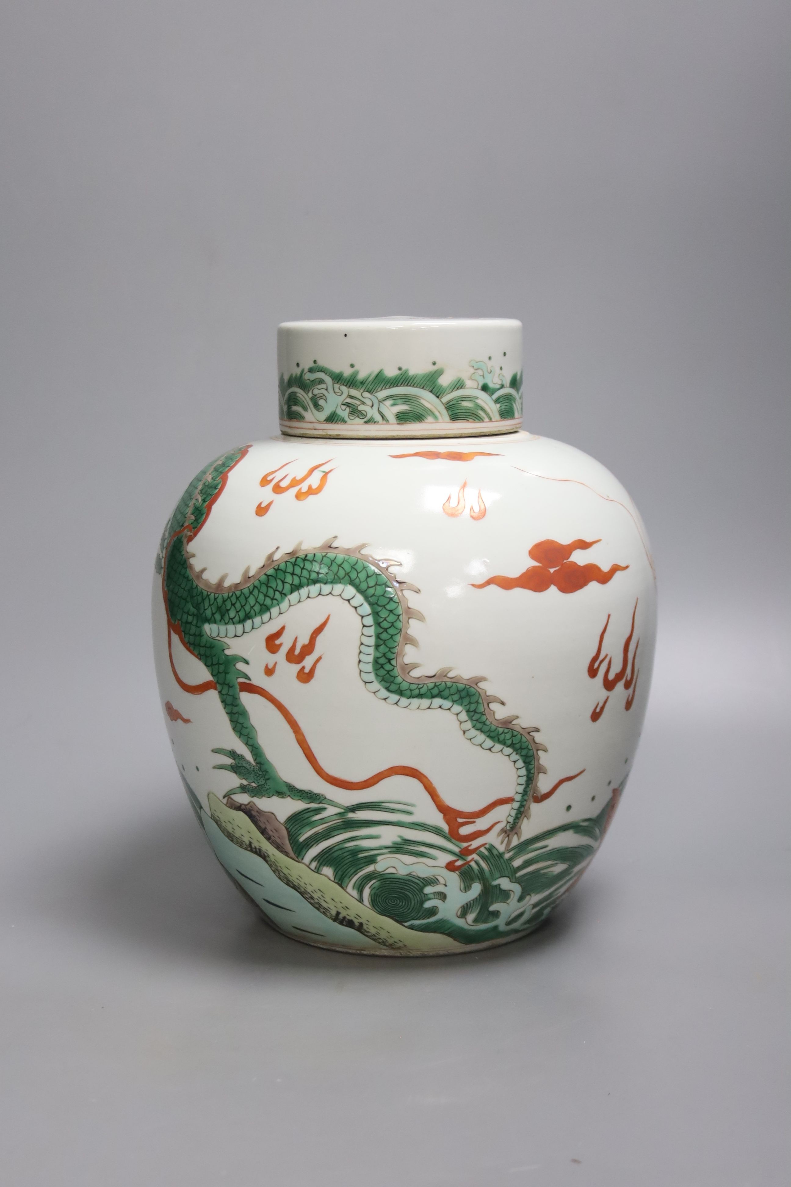 A Chinese famille verte 'dragon' ginger jar and cover, height 24cm